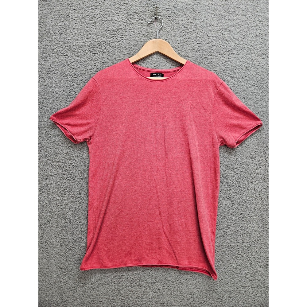 Zara Man Tee L Red Heather Cotton Blend Raw Hem Streetwear Minimalist Indie Y2K